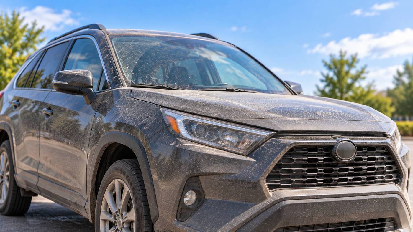 A gray SUV covered in dust and dried mud before its wash