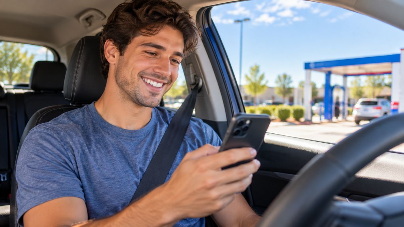 A smiling supporter in his car buying a Speedie Clean wash on his phone