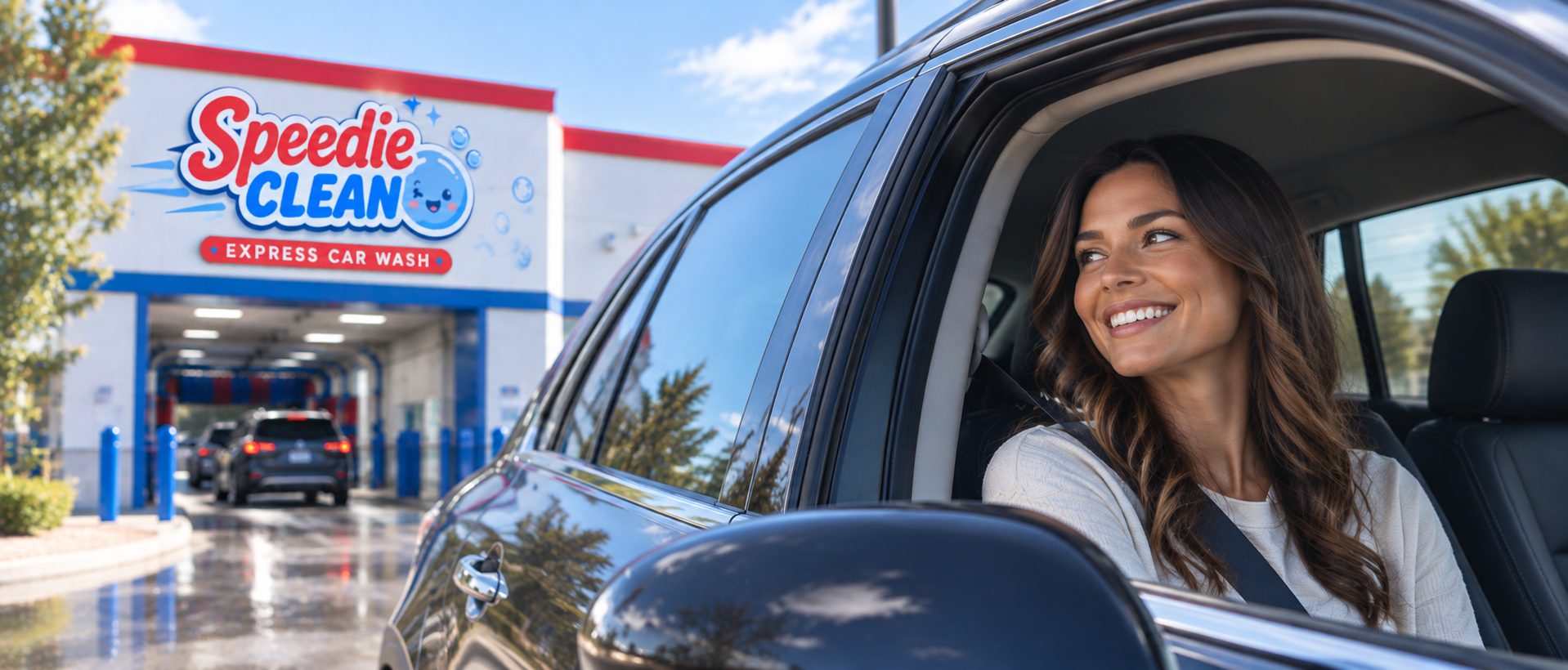 Smiling driver at her window arriving at Speedie Clean on a sunny day