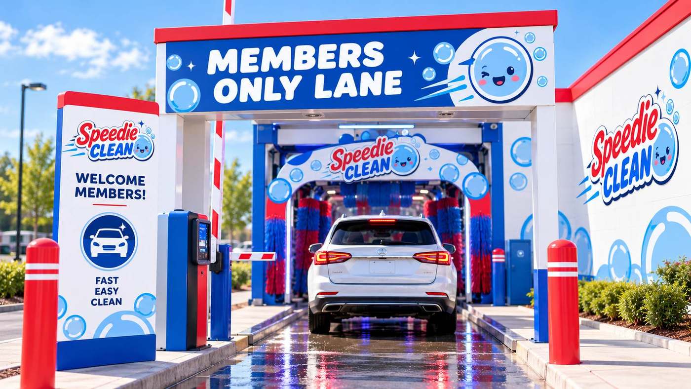 A white car rolling through the Members Only Lane gate into the Speedie Clean tunnel