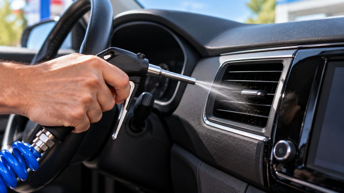 A hand blasting dust out of a dashboard vent with the pressurized air gun