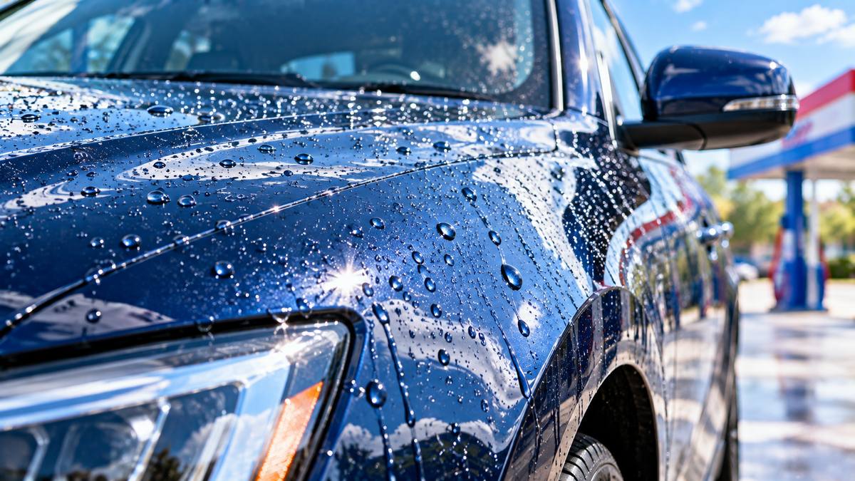 Water beading on the glossy blue hood of a freshly protected car