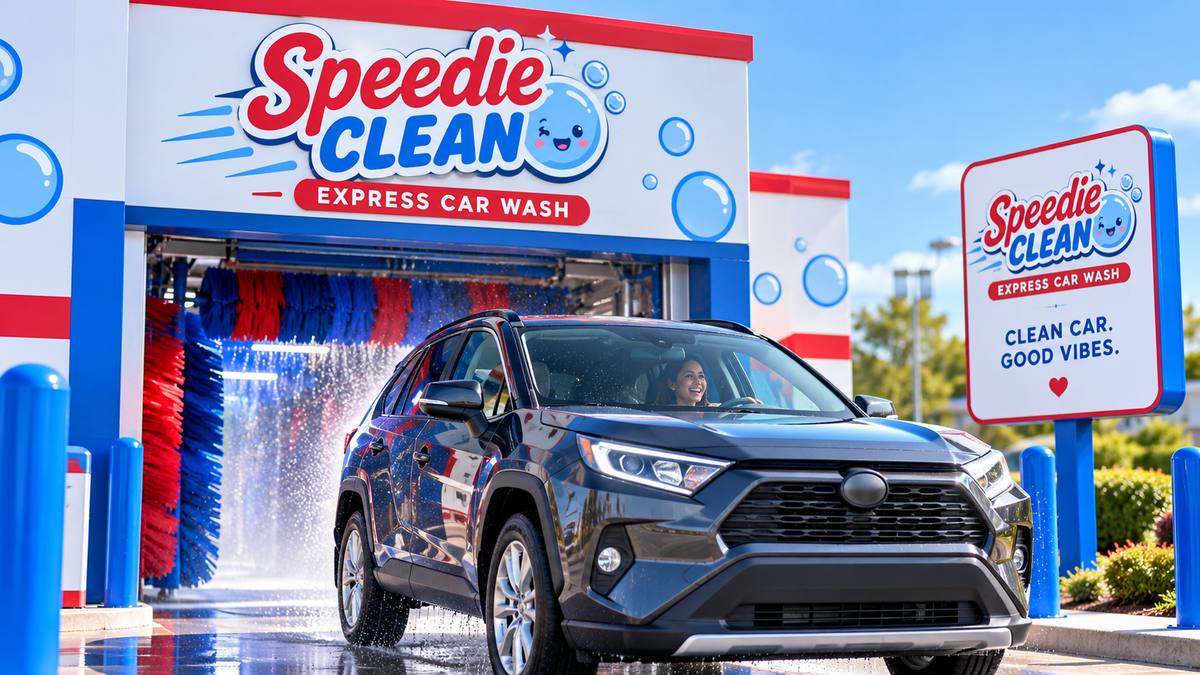 A gleaming SUV rolling out of the Speedie Clean tunnel as the driver smiles