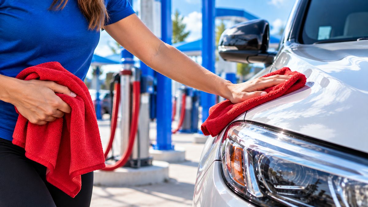 A customer wiping down her hood with a red Speedie Clean towel