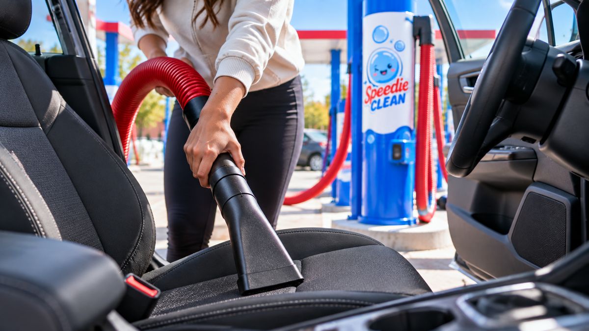 A customer vacuuming her front seat with a Speedie Clean vacuum hose